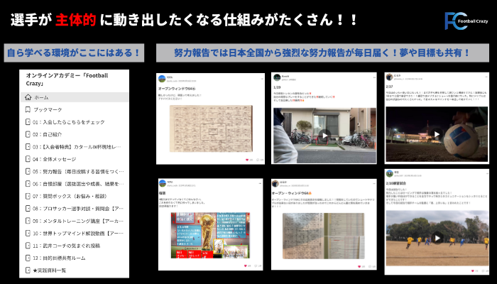Football Crazyのコミュニティ画面。目標を書いたノート、自主練習、毎日の努力報告が全国のメンバーから投稿されている