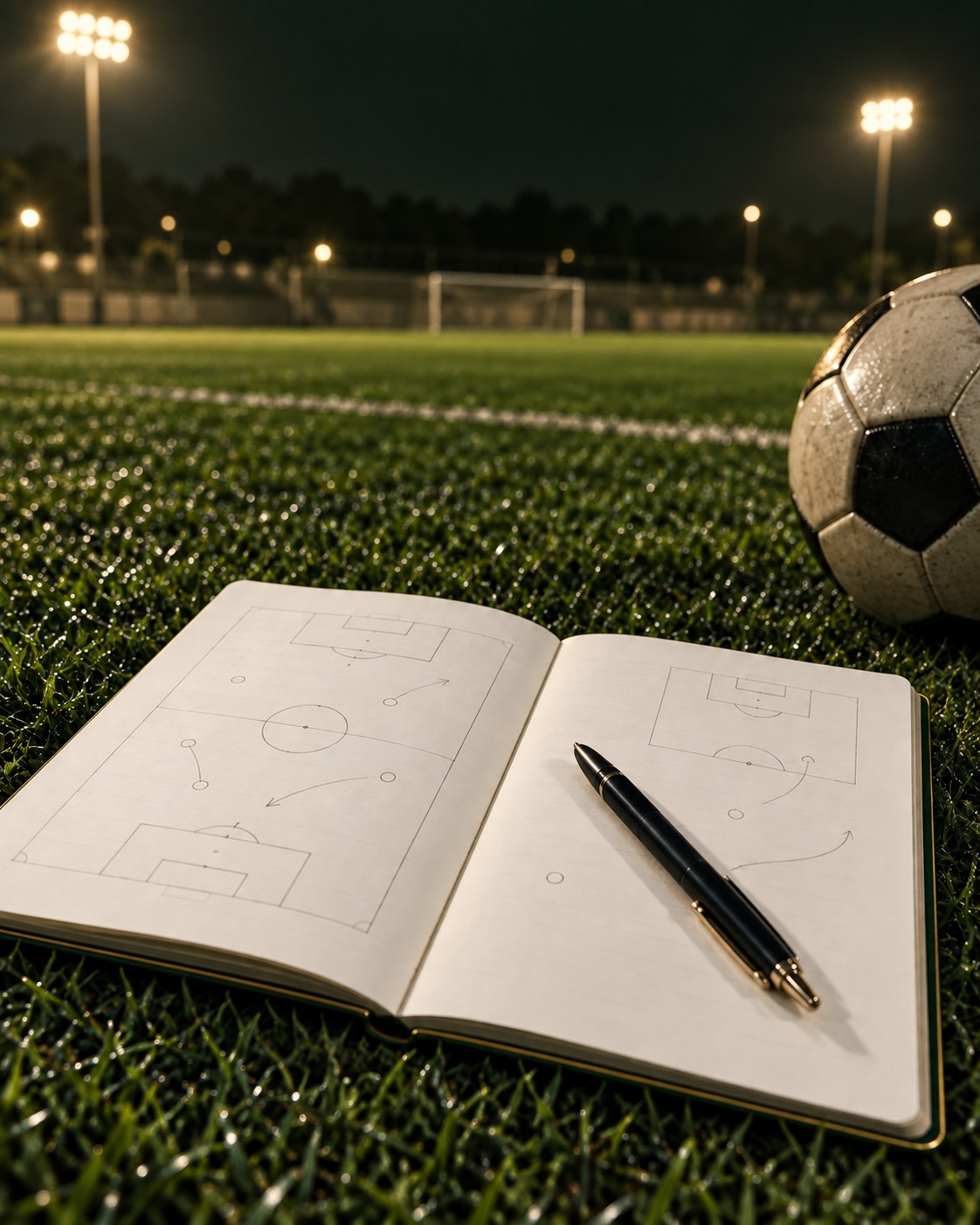 ピッチの上で開いたサッカーノートとペン